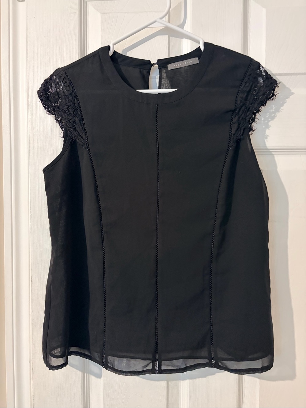 Suzy Shier Black Lace Cap-Sleeve Blouse